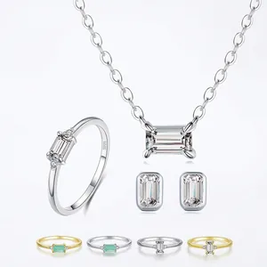 Luxurious S925 sterling silver jewelry set featuring emerald-cut clear crystals