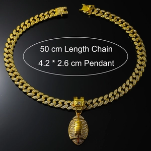 Macro detail of iced-out football pendant with 50cm gold Cuban chain dimensions