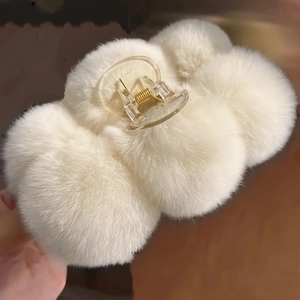Detail of soft white faux fur claw clip with a strong transparent spring hair gripper