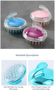 Macro detail of ergonomic clear scalp massager brush with soft silicone bristles in vibrant colors