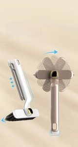 Rotating V-shape crevice brush with built-in hair tweezers and scraper for bathroom