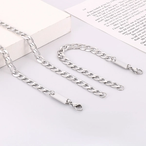 Hip hop silver stainless steel Cuban link chain set with square pendant and lobster clasp
