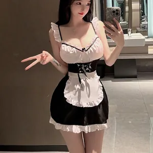 Tenue de cosplay soubrette sexy noire et blanche avec tablier à volants et corset lacé