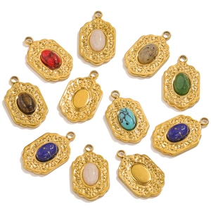 Set of 11 vintage 18k gold plated oval stone pendants with embossed floral patterns