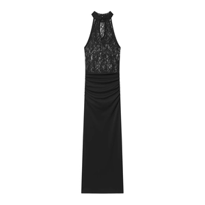 Vestito Lungo In Pizzo Patchwork Halter Elegante Slim Fit Arricciato Sera Party Socialite Senza Maniche Bodycon