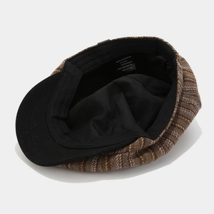 British style color-block striped newsboy cap in brown and gray tweed wool blend