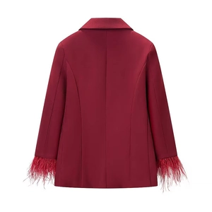 Slim fit burgundy blazer suit with luxury ostrich feather cuffs for women's fashion