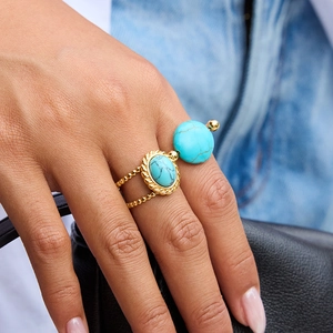 18K gold plated stainless steel ring with turquoise stones on model hand in casual style