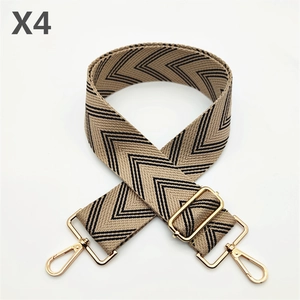Detail of 4-pack beige and black chevron canvas straps with gold metal swivel hooks