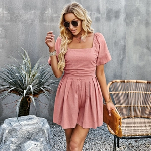 Pink short sleeve romper with square neckline and pleated waist for summer fashion