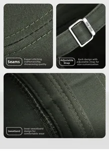 Detail of camouflage cap showing precise stitching, metal buckle, and sweatband