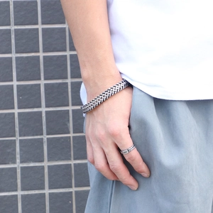 Men's punk double keel chain bracelet and matching ring set in silver stainless steel