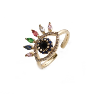 Golden evil eye adjustable open ring with colorful zircon stones on a white background