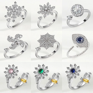 Rotatable Flower Anxiety Relief Ring For Women Copper Rhinestone Sunflower Butterfly Open Adjustable Rings Fashion Jewelry Gift