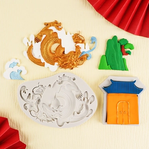 Molde de silicona detallado con dragón chino y pagoda para decoración de pasteles DIY