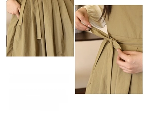 Détail du tablier plissé kaki avec tissu imperméable et attaches latérales réglables