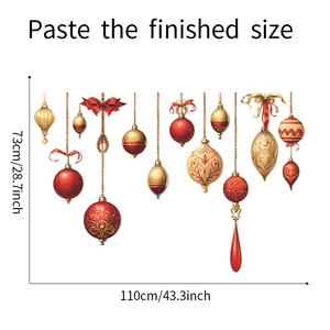 PVC Christmas wall stickers showing 110x73cm size with red and gold bauble hanging designs