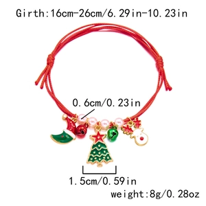 Detailed view of woven Christmas bracelet with enamel charms and size specifications