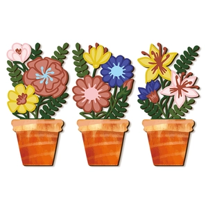 Bohemian floral wooden wall art featuring daisy flower pots in a rustic pastoral style