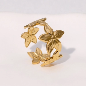 Anello aperto minimalista a forma di fiore in acciaio inossidabile dorato lucido