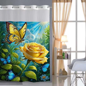 Detail of waffle weave shower curtain with yellow butterfly and rose print and eyelets