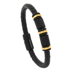 Braided black PU leather multi-layer bracelet with gold magnetic alloy clasp for men