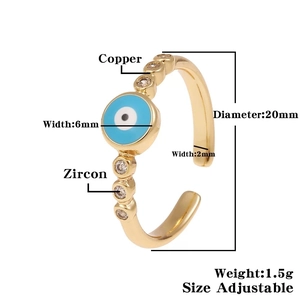 Detail of adjustable evil eye ring with blue enamel and zircon inlay measurements