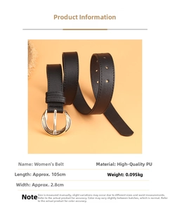 Detail of black PU leather belt for women with interlocking gold buckle and sizing specs