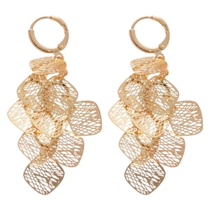 Golden geometric hollow rhombic tassel earrings with layered metal drop design
