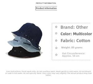 Information chart of foldable cotton bucket hat showing weights and drawstring detail