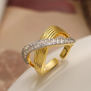 Minimalist Geometric Cross Open Ring Gold Plated Copper With White Zircon Micro Pave Adjustable Fashion Finger Jewelry Women