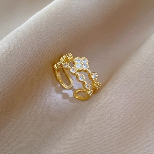 Lucky Clover Ring Zircon Inlaid Brass Gold Plated Adjustable Opening Double Layer Minimalist Flower Jewelry For Women