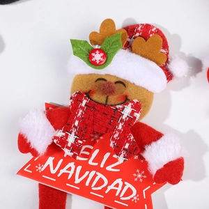 Plush Christmas reindeer hanging decoration with red plaid hat and Feliz Navidad sign