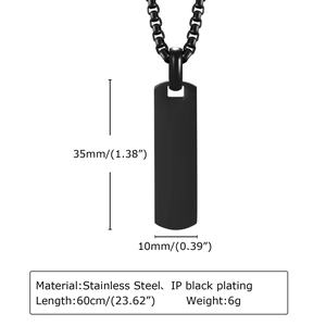 Detail showing dimensions of black stainless steel rectangular dog tag pendant necklace