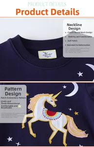 Detail of navy blue kids sweatshirt with embroidered unicorn and ribbed crew neck