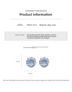 Detailed size view of floral stud earrings with purple resin petals and silver needle post