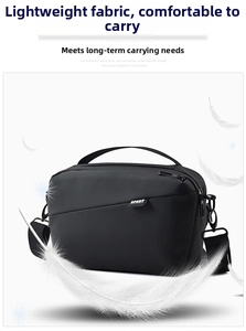 Close-up of black lightweight crossbody bag with SPORT logo and tear-resistant fabric
