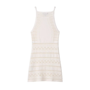 White halter crochet knit mini dress with wave texture and slim fit design