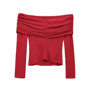 Red off-the-shoulder pleated long sleeve top with slim fit chiffon texture design