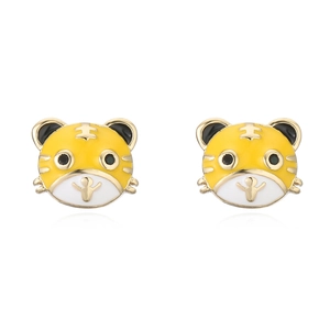 Cute cartoon tiger stud earrings in 18K gold plated copper with yellow enamel finish
