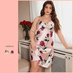Nuisette En Satin Grande Taille Femmes Imprimé Floral Rose Chemise De Nuit Dos Nu Col En V Vêtements De Détente