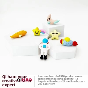 Macro shot of 3D astronaut, rocket, and planet erasers in creative space theme gift set