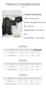 Detailed size chart for the three-piece satin loungewear set including robe and shorts