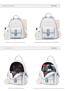 Detail view showing mini and large sizes comparison and internal pockets of white backpack