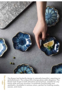 Macro view of kiln glaze ceramic petal sauce dishes with rustic blue and brown textures