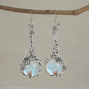 Leaf design long drop earrings with moonstone and silver vine wire wrapping style