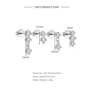 Detail view of four S925 sterling silver stud earrings with zirconia in various lengths