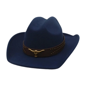 Chapeau De Cowboy Occidental Rétro Feutre Large Bord Avec Tête De Taureau Rivet Métal Bande Cuir Style Ethnique Vintage Pour Hommes Femmes