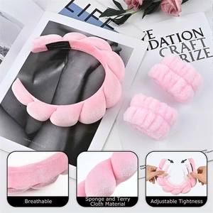 Pink sponge spa headband and wristband set made of breathable terry cloth material
