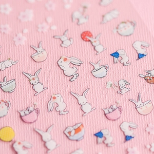 5D embossed rabbit nail art stickers with matte texture and floral bunny illustrations